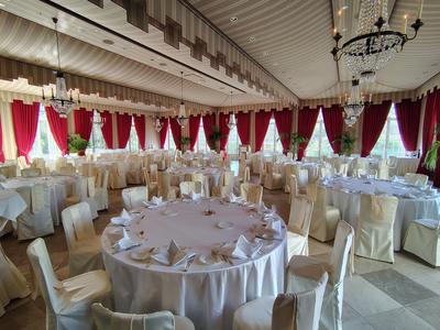 A banqueting room at Brenners, laid and waiting