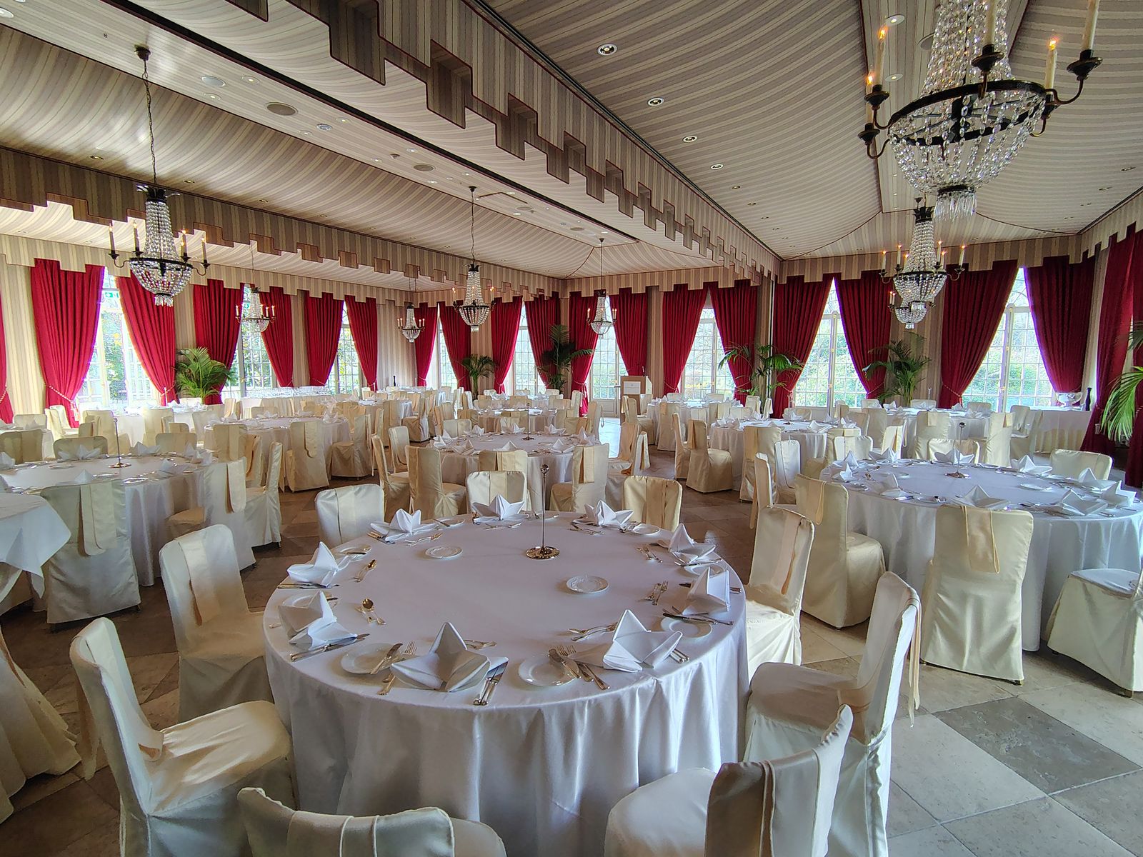 A banqueting room at Brenners, laid and waiting