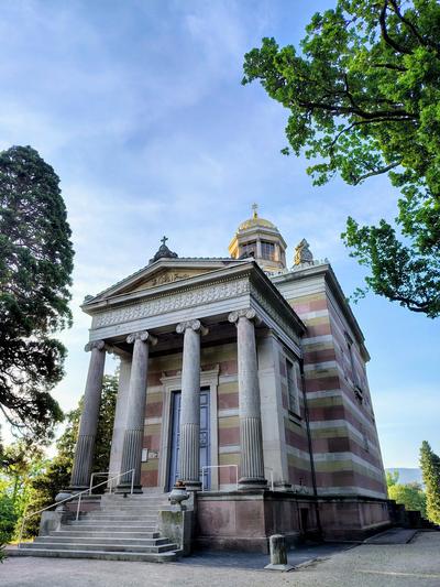 The Stourdza Chapel on the Michaelsberg, gold dome above banded stone