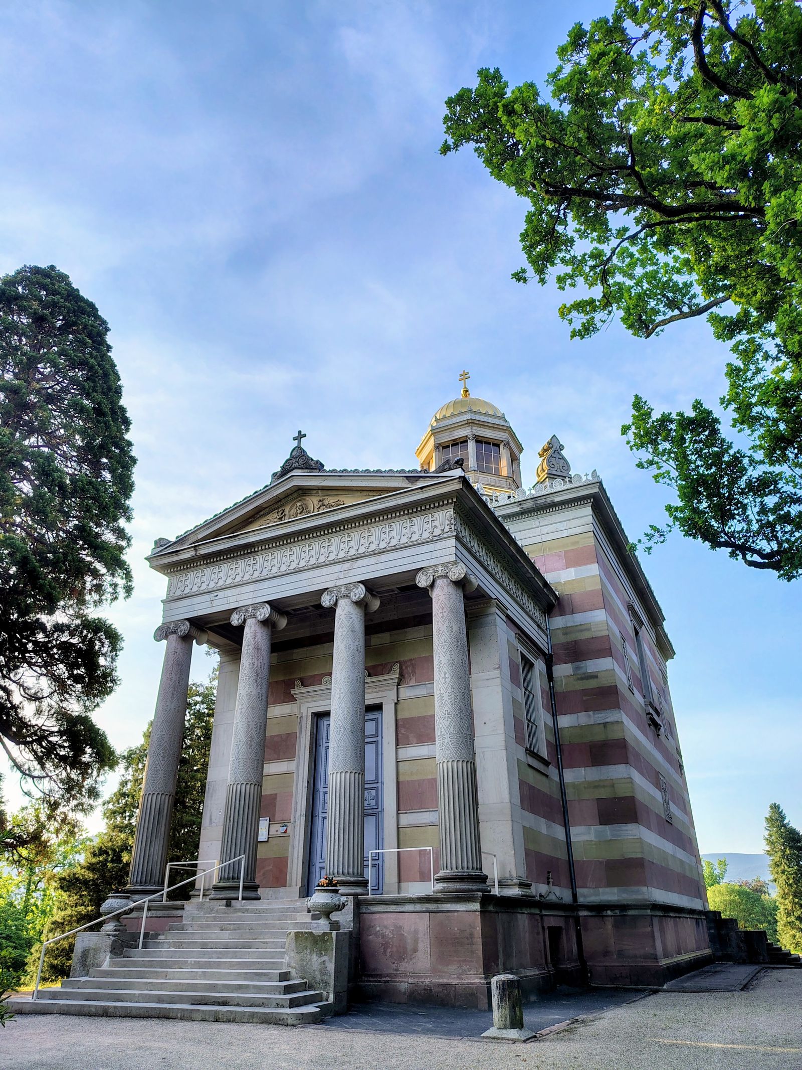 The Stourdza Chapel on the Michaelsberg, gold dome above banded stone