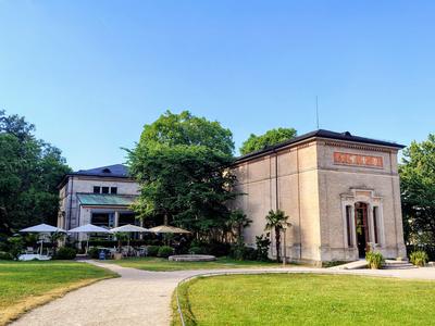 The Trinkhalle from the garden side, café parasols out