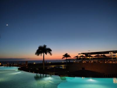 A single palm against the last of the light, the Lopesan pool still warm