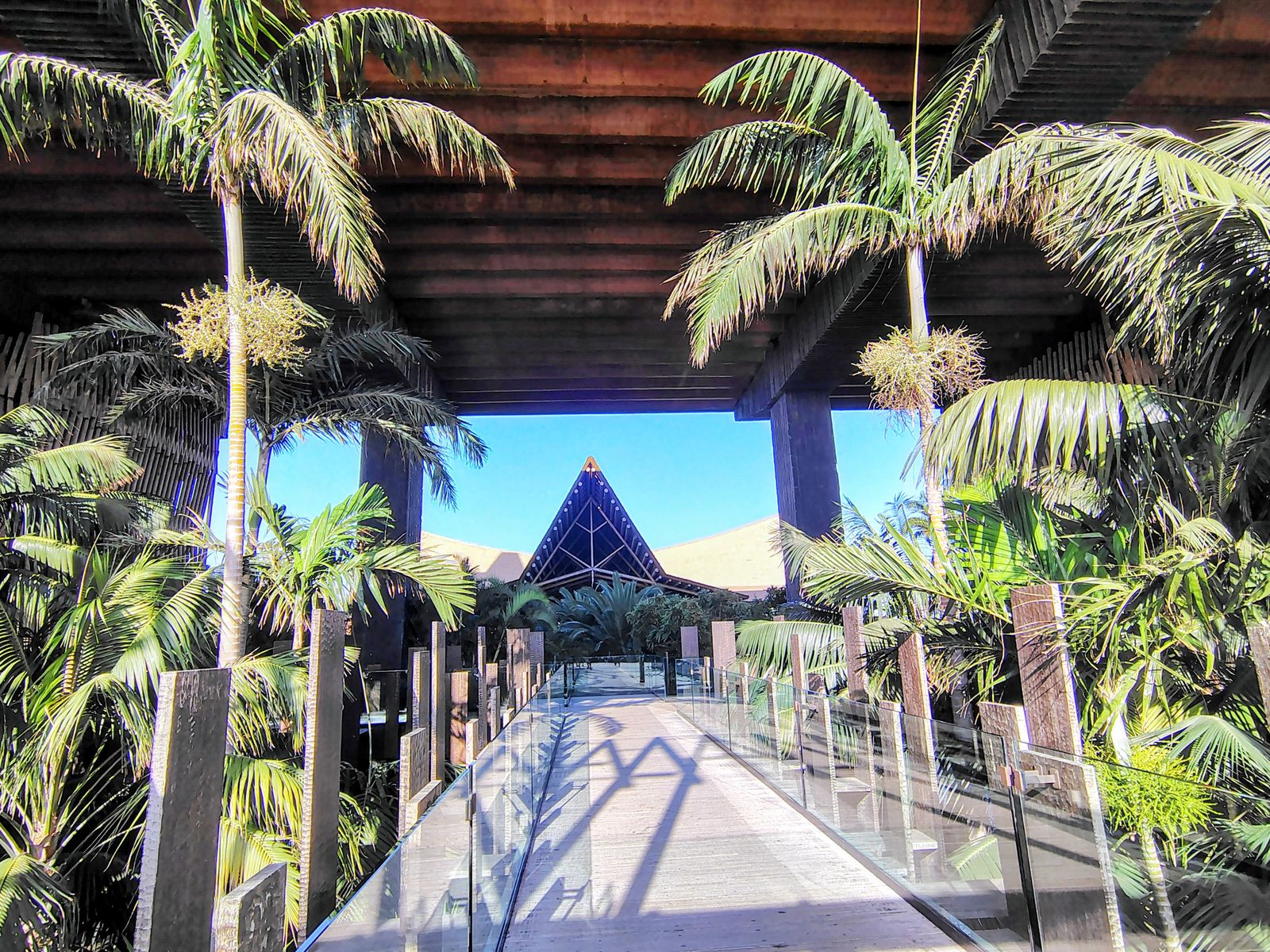 The causeway into Lopesan Baobab, palms either side and the thatched atrium roof ahead