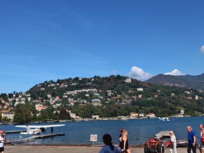 The far shore from the promenade, a seaplane on the water