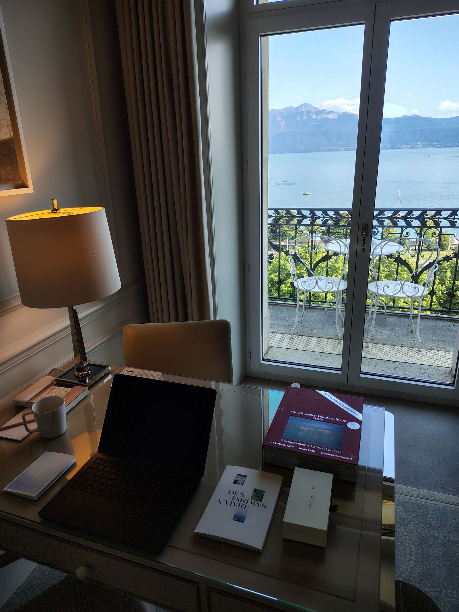 A room at the Beau-Rivage Palace, with the lake in the window — which is what you are actually paying for