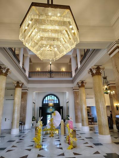 A Beau-Rivage ballroom being set for a summer wedding