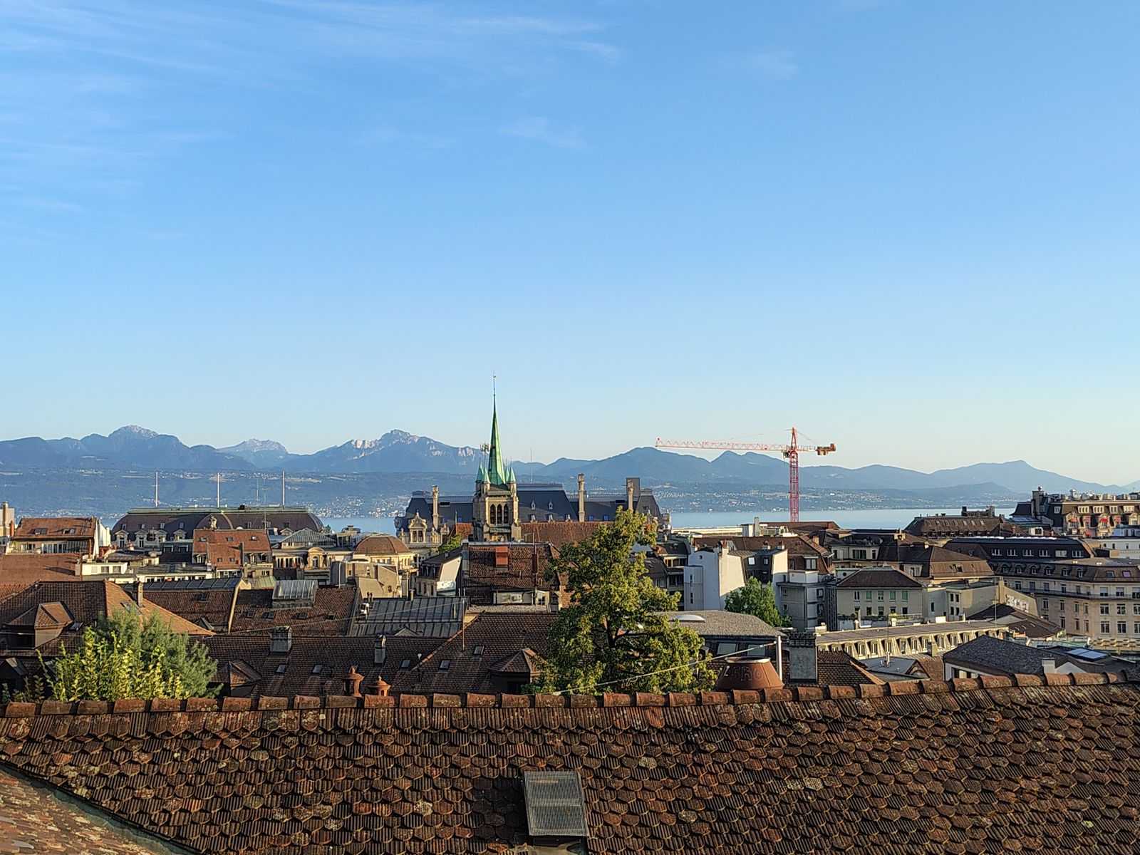 Lausanne cathedral on the ridge, seen across the rooftops