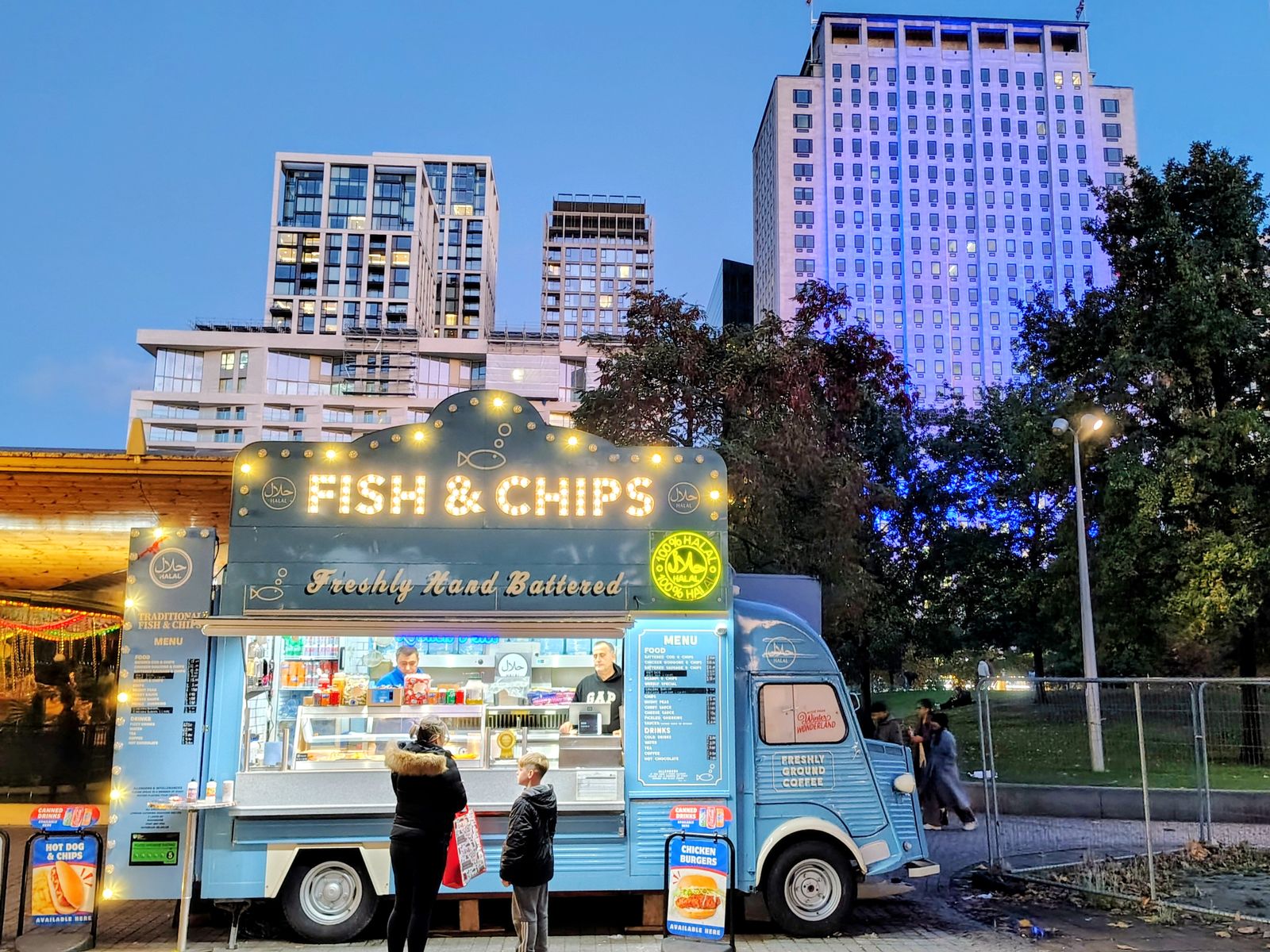 A fish and chips van on the South Bank at dusk