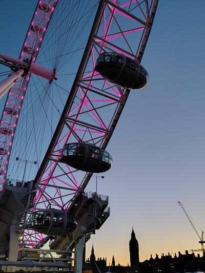 The London Eye's pods against the sunset, Westminster below