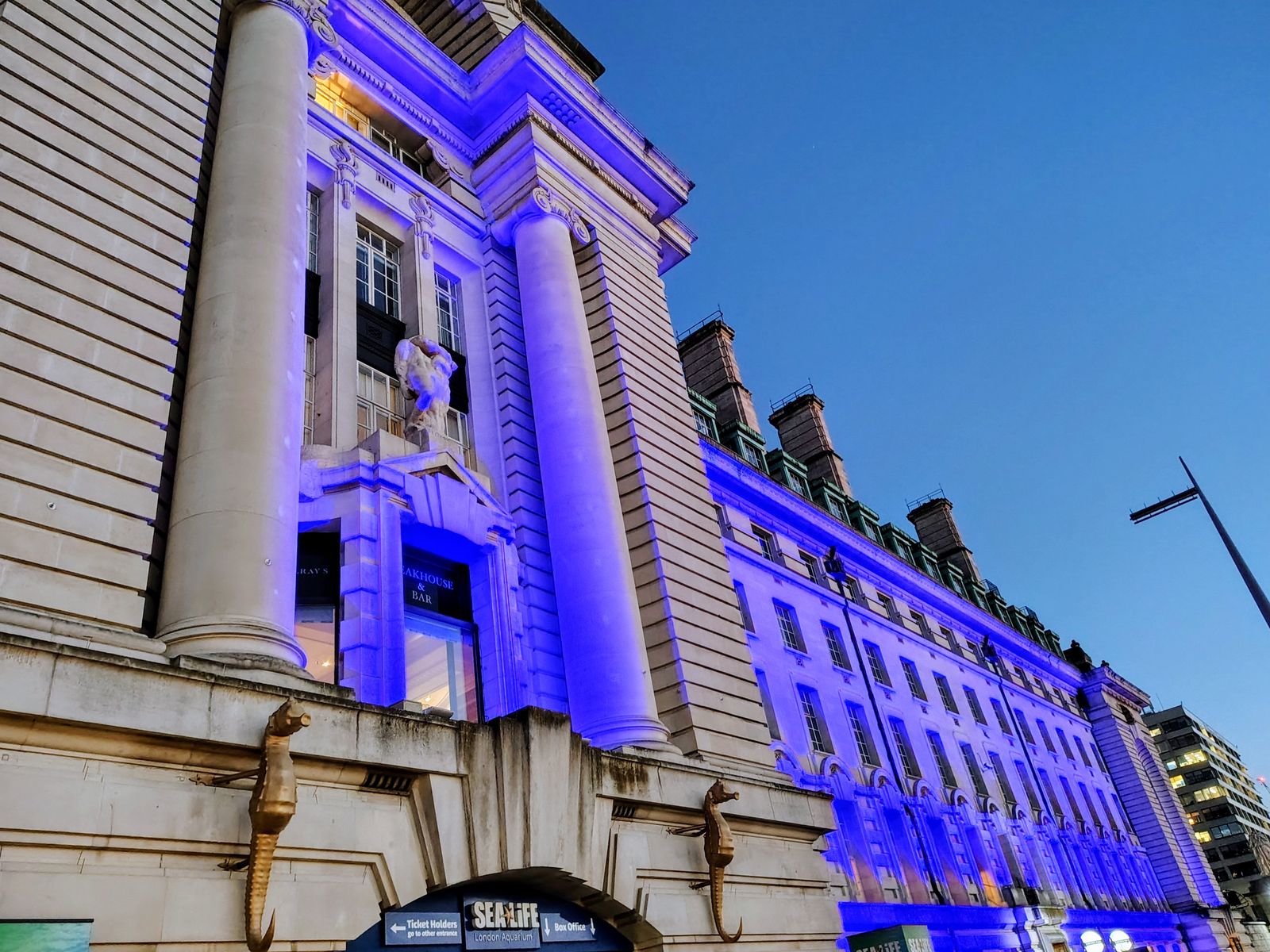 County Hall on the South Bank, lit blue after dark