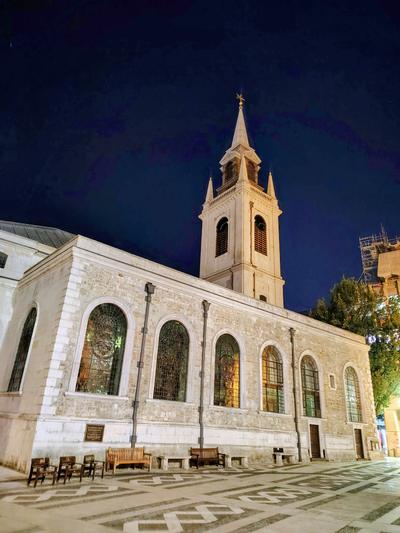 A City church floodlit at night, a few streets from St Paul's <strong>Our own photograph of London, not of the hotel.</strong>