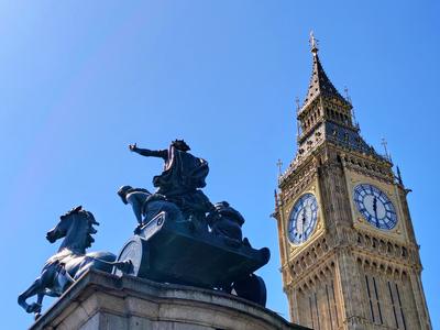 Boudicca's chariot on Westminster Bridge, the clock tower behind her