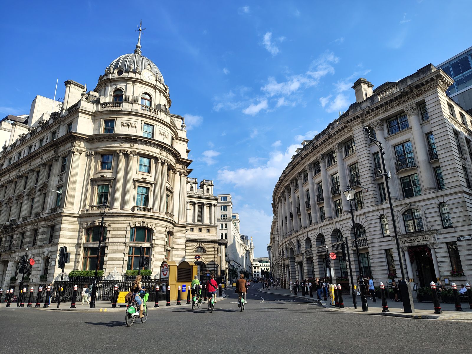 Bank junction on a Saturday, cyclists crossing between the old banking halls