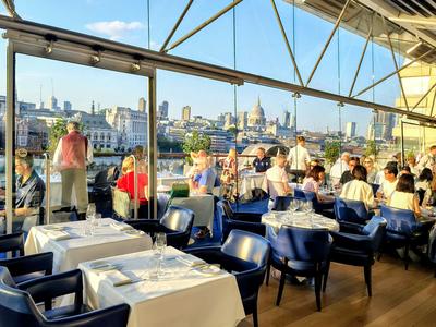 Dinner on a South Bank roof terrace, St Paul's across the water and the light going gold