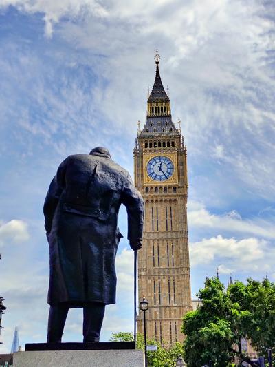 Churchill on Parliament Square, with the clock tower behind him — London