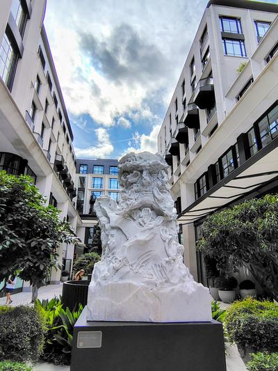 A white sculpture in the courtyard of The Whiteley, the restored department store on Queensway, a few minutes from Kensington Gardens