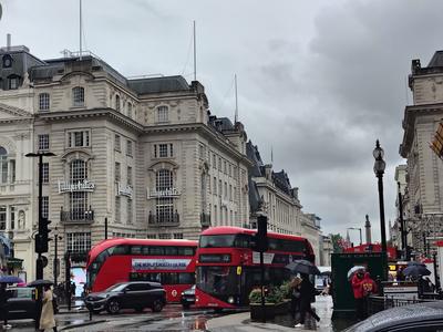 Piccadilly Circus in the rain, which is when the buses look their best — London
