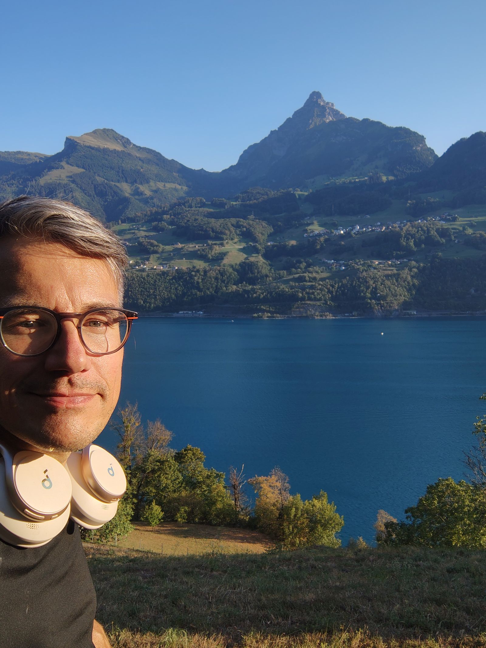 Felix on a morning walk above a lake